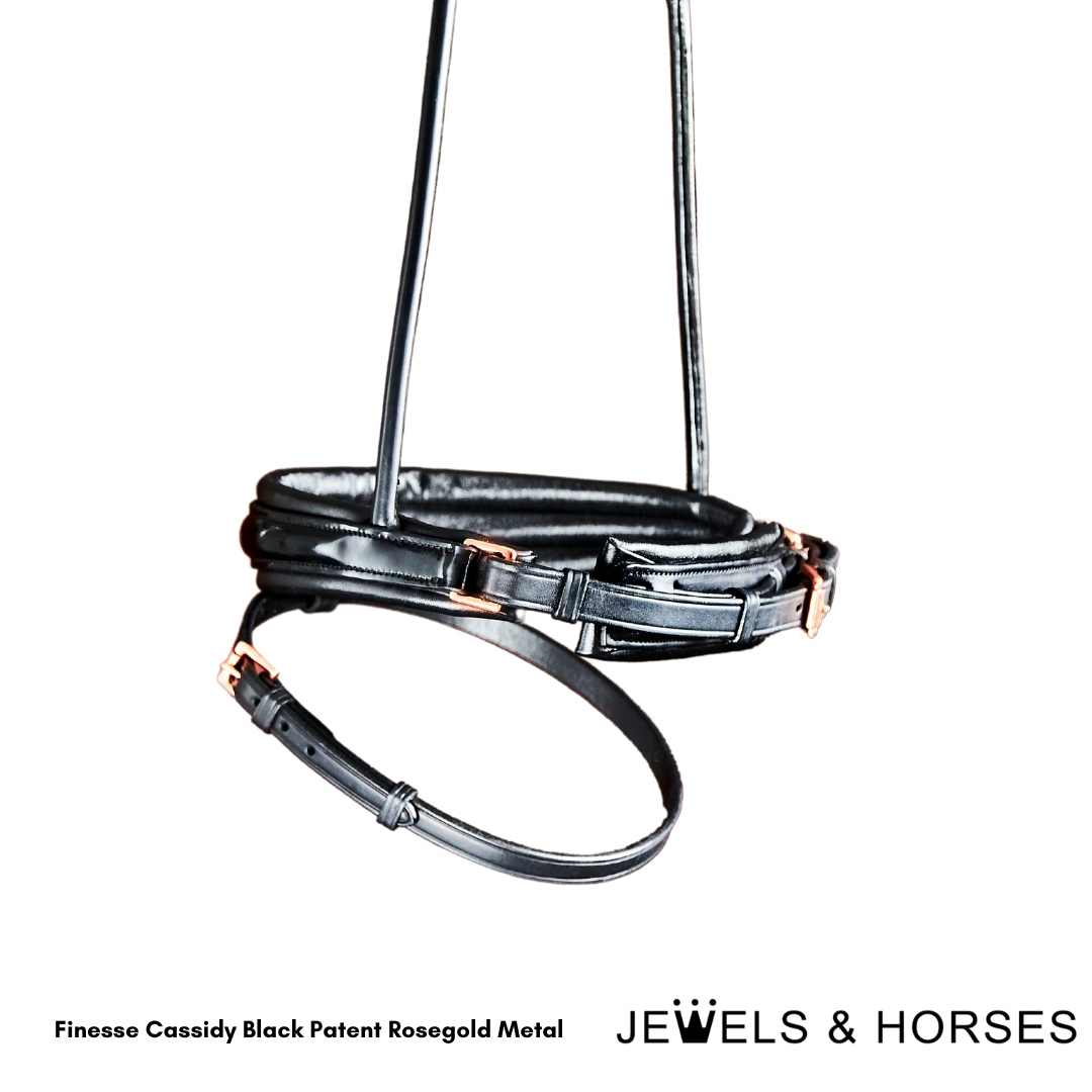 Finesse Bridle - Cassidy Rolled Snaffle with Cavesson - Patent Black & Rosegold Metal