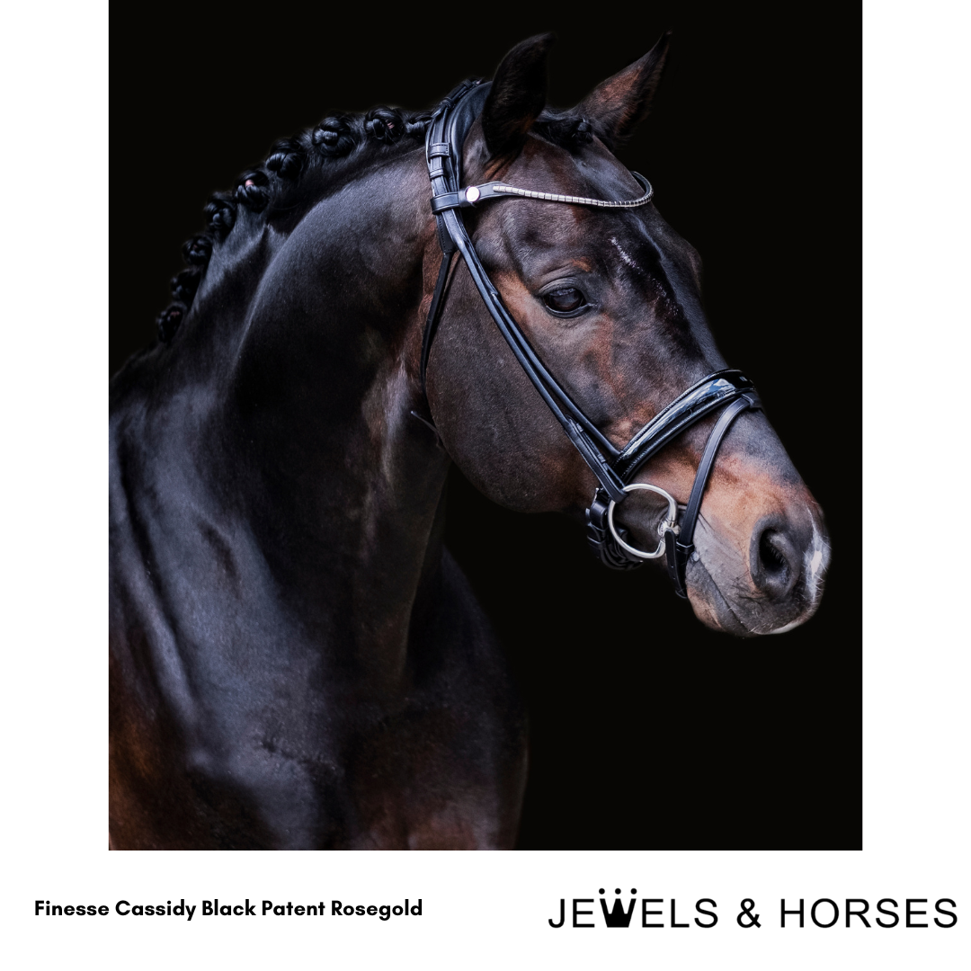 Finesse Bridle - Cassidy Rolled Snaffle with Cavesson - Patent Black & Rosegold Metal