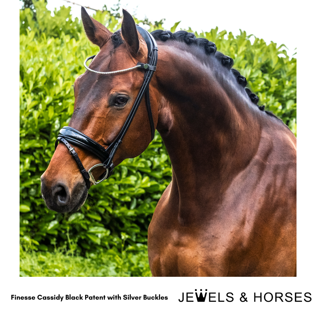 Finesse Bridle - Cassidy Rolled Snaffle - Patent Black with Silver Buckles