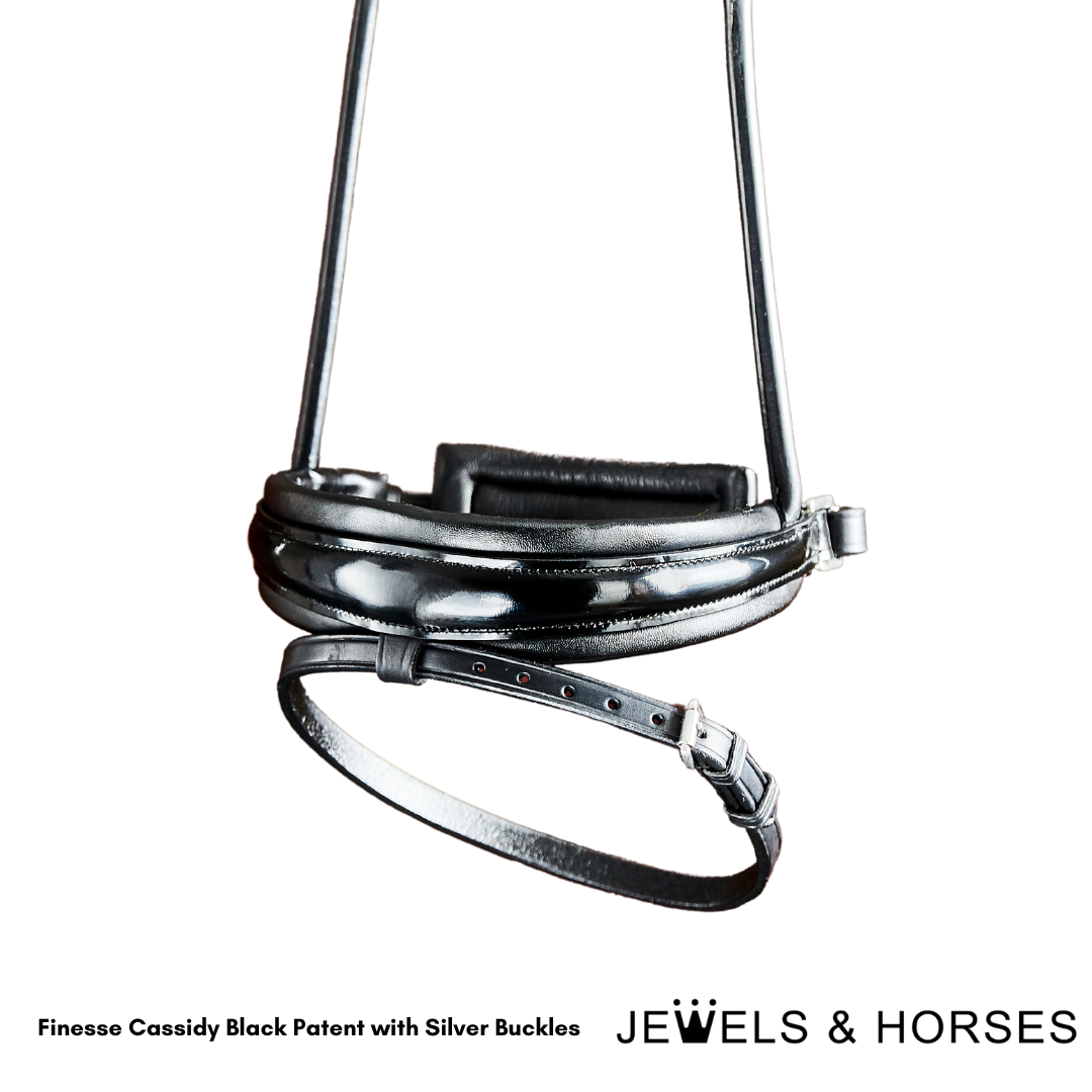 Finesse Bridle - Cassidy Rolled Snaffle - Patent Black with Silver Buckles