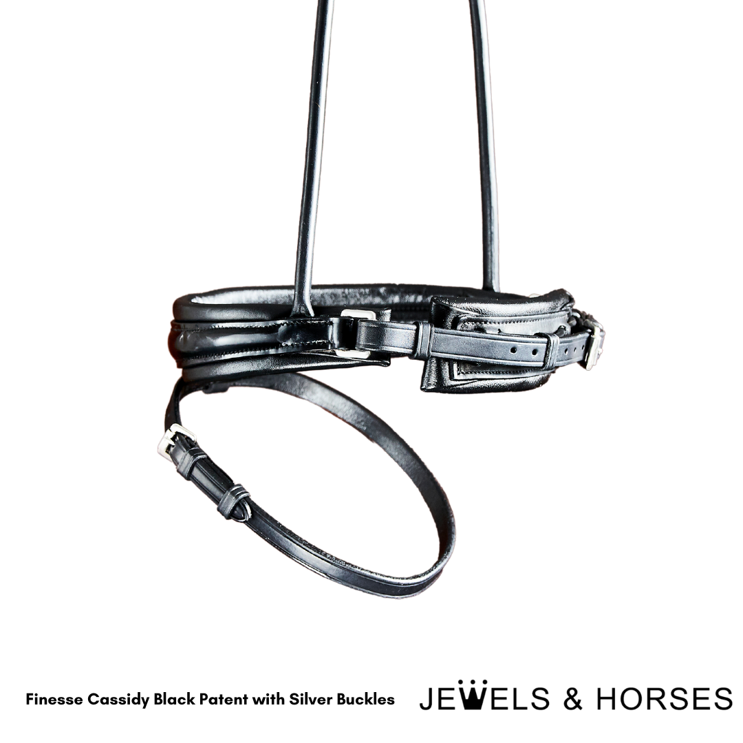 Finesse Bridle - Cassidy Rolled Snaffle - Patent Black with Silver Buckles