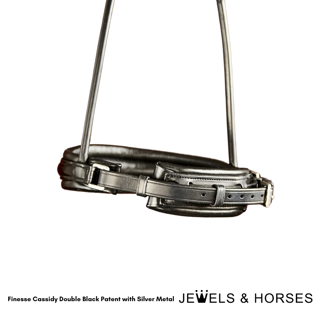 Finesse Bridle - Cassidy Rolled Double - Patent Black with Silver Metal Work