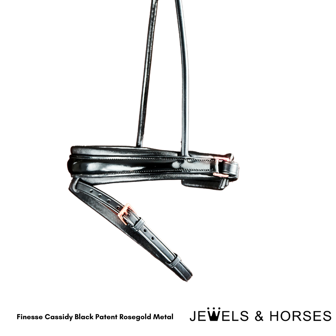 Finesse Bridle - Cassidy Rolled Snaffle with Cavesson - Patent Black & Rosegold Metal