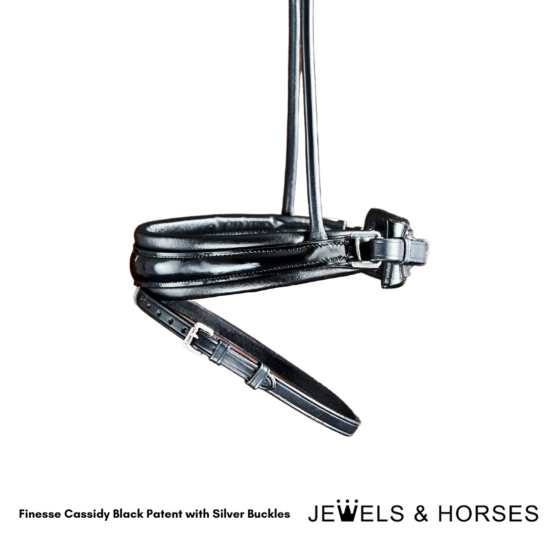 Finesse Bridle - Cassidy Rolled Snaffle - Patent Black with Silver Buckles